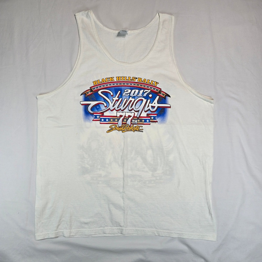 Gildan Sturgis 2017 Black Hills Rally 77th Anniversary Tank Top White XL Mens